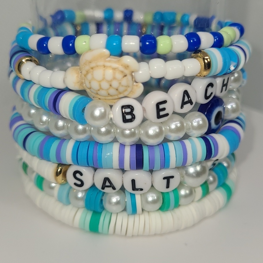 8 Beachy Beaded Bracelets Set Stackable Boho Friendship Charm Stacked Heishi NEW